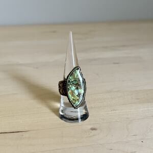 Vintage Abalone Ring Marquise Brass Tone Clover Statement Shell Jewelry Size 8.5